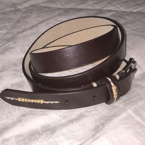 Columbia skinny leather DARK brown unisex belt w wood bead accent L 36-38 NEW